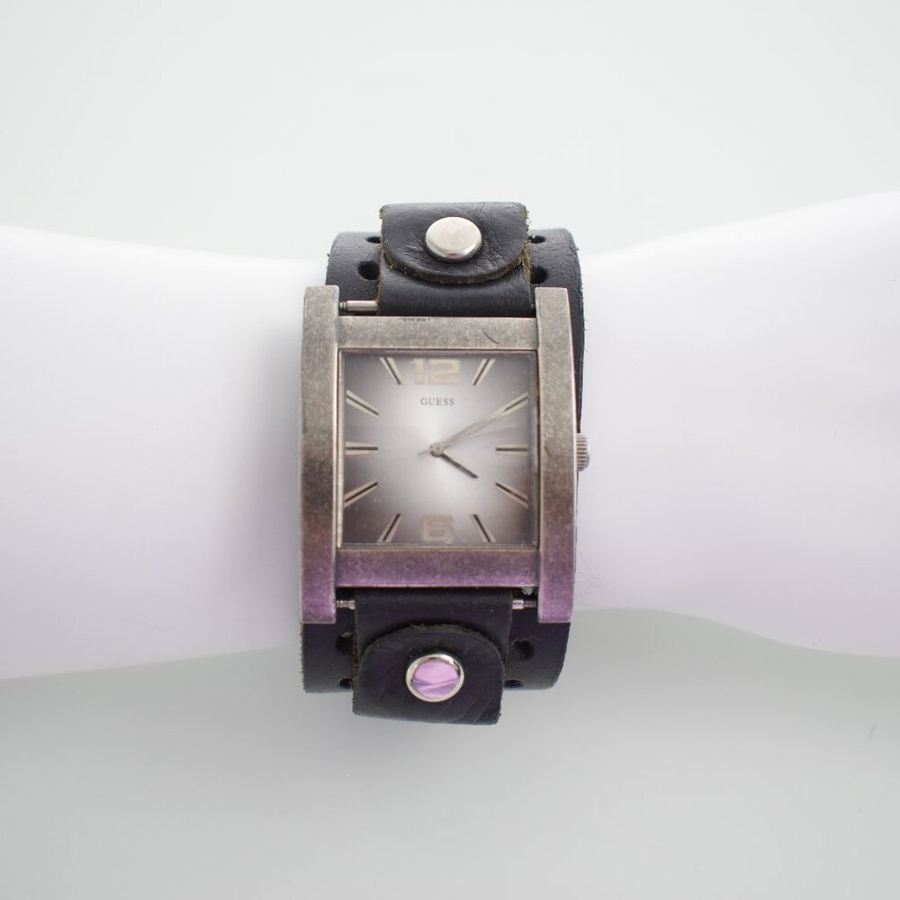 GUESS Wide Black Leather Band Cuff Vintage Silver Tone Dial Watch